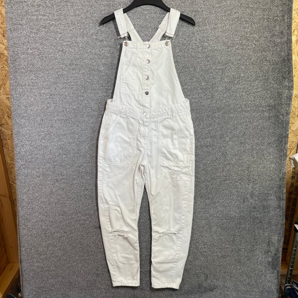 Zara Basic Z1975 Denim Denim - Zara Overalls Womens XS White Distressed Bib Overalls Basic Z1975 Denim Cotton
